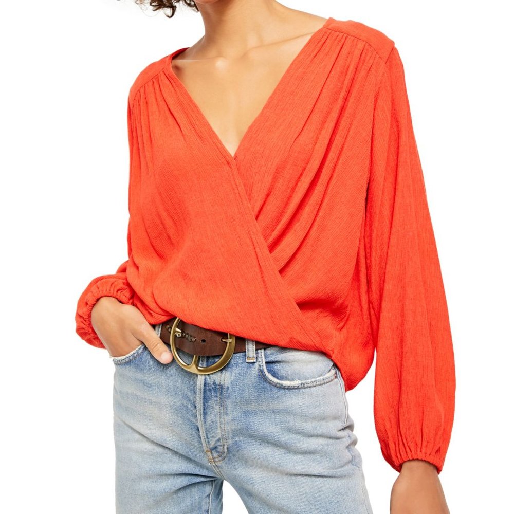Free People V-neck Blouse- Flame Red-NWT
